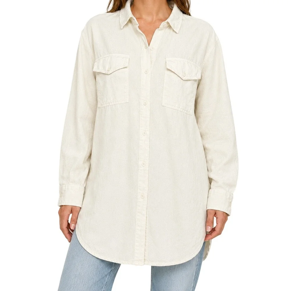 Outerknown Shirt Dress Womens M White Linen Organic Cotton Herringbone Lagenlook